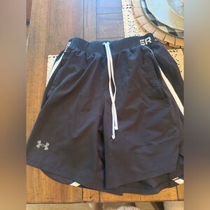 Under Armour Men's Black Athletic Shorts with White Drawstring and Side Panels